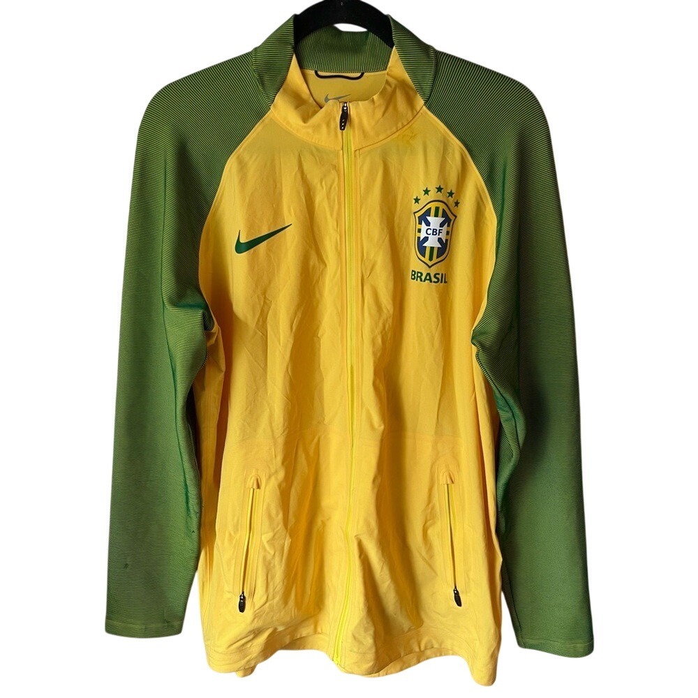 Nike Brazil CBF Soccer Anthem Track Jacket Mens Large Yellow Green Dri-FIT Zip